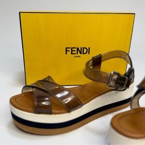 Auth Fendi color block Tan Black white Platform Sandal 39.5 clear smoke strap 9